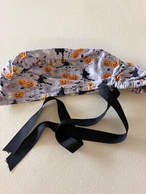 Halloween Pumpkin & Witch Surgical Scrub Cap with Black Ties